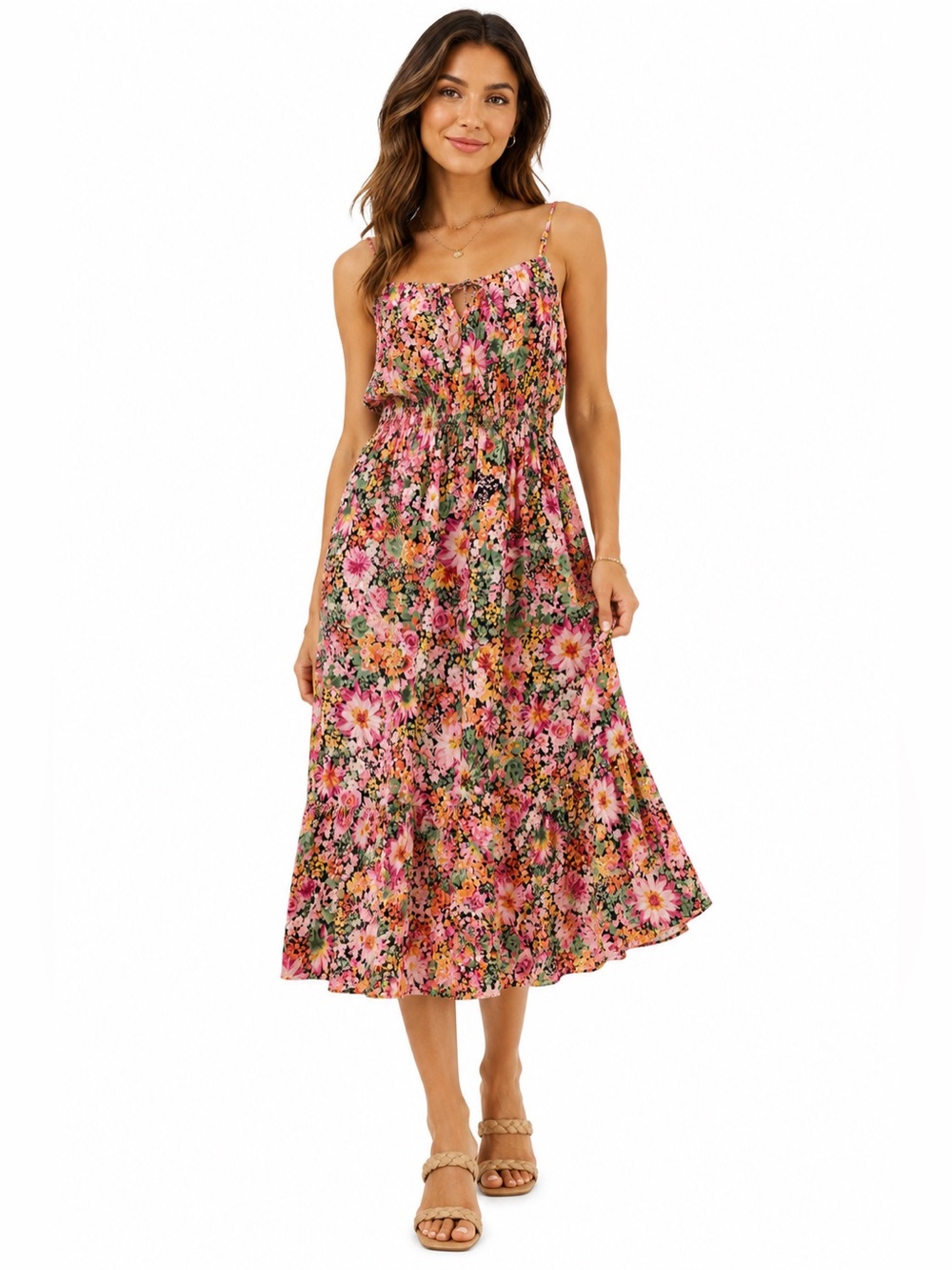 H&M Floral Smocked Cotton Midi Dress‎ Pink Black Cottagecore Size Large Romantic